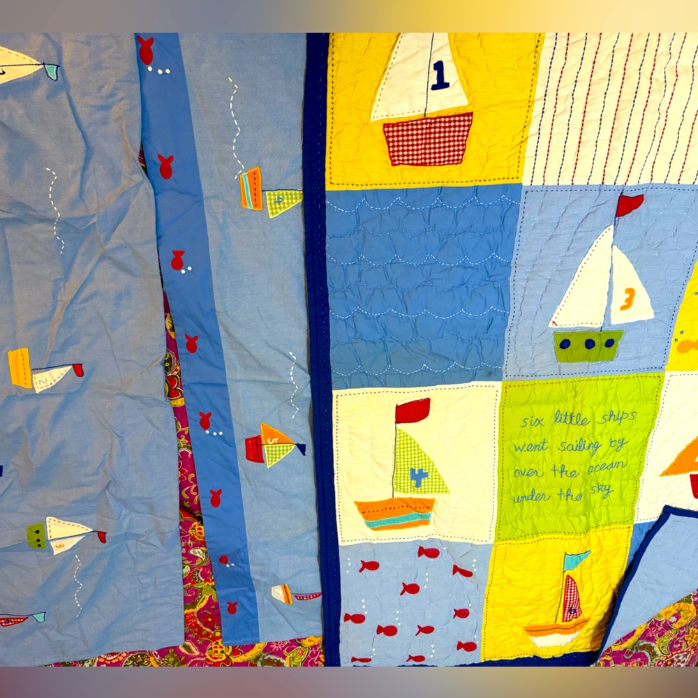 Pottery Barn Kids Sailboat Fish Themed Baby Crib Toddler Bed Quilt & 2 Curtains